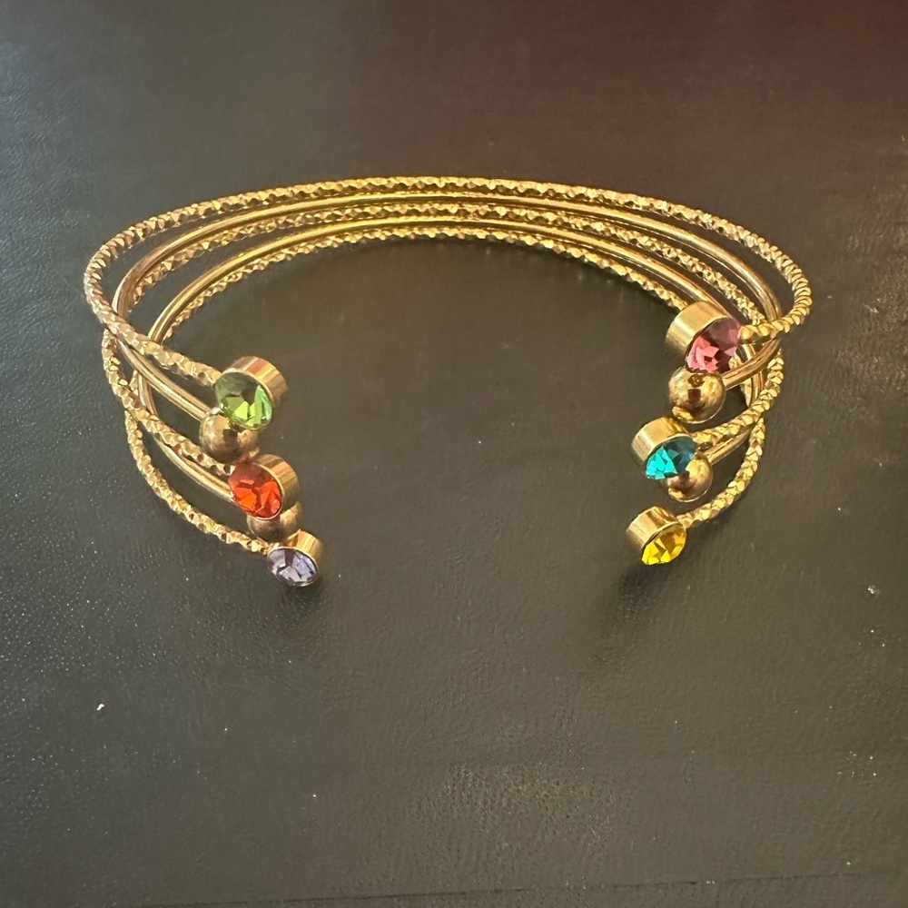 Multicolor Rhinestone Gold Bangle Bracelet - Picture 3 of 3